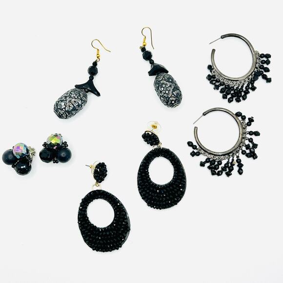 Lot of 4 Glam Black Beaded Statement Earrings - Picture 1 of 6